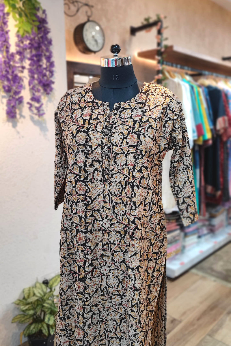 Handloom Cotton Kalamkari Block Print Black Floral Vine Kurta for Women