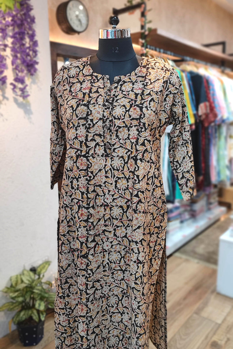 Handloom Cotton Kalamkari Block Print Black Floral Vine Kurta for Women