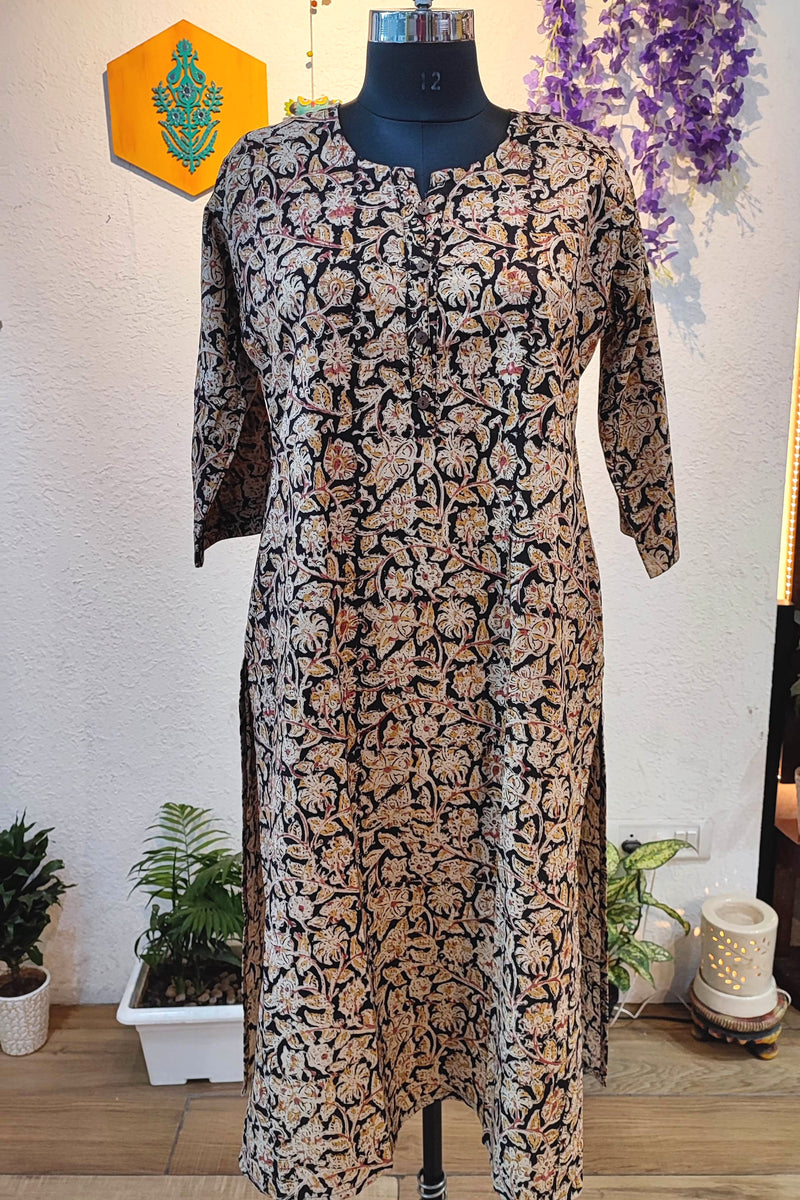 Handloom Cotton Kalamkari Block Print Black Floral Vine Kurta for Women