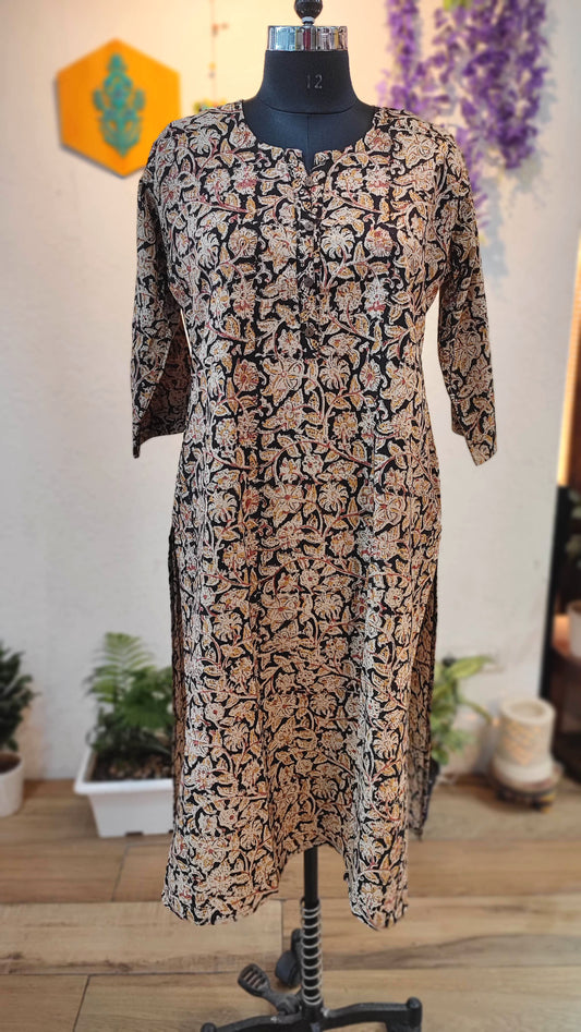 Handloom Cotton Kalamkari Block Print Black Floral Vine Kurta for Women