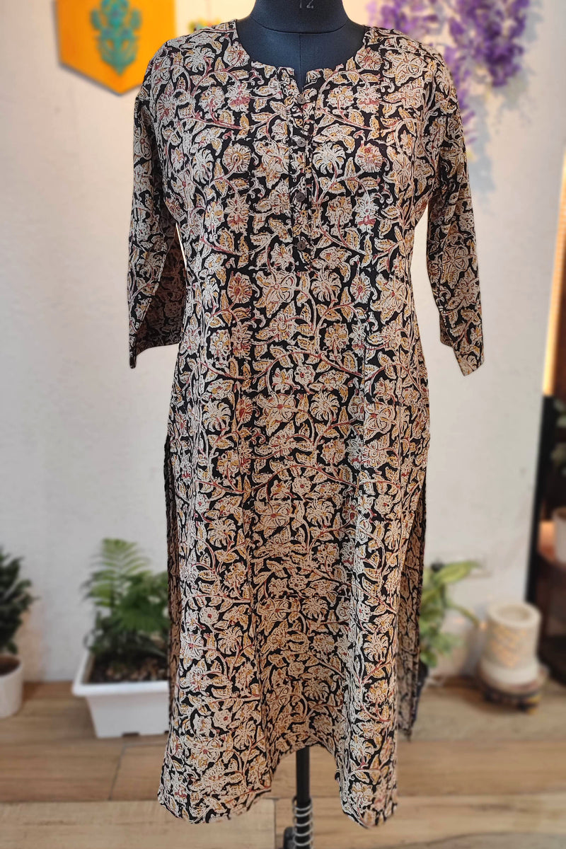 Handloom Cotton Kalamkari Block Print Black Floral Vine Kurta for Women