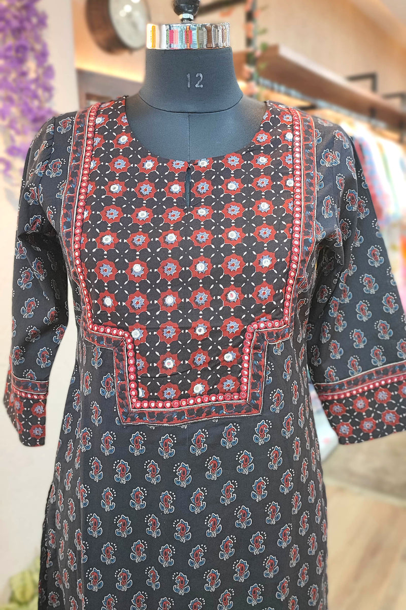 Handloom Cotton Kalamkari Block Print Panel Design Black Kurta for Women