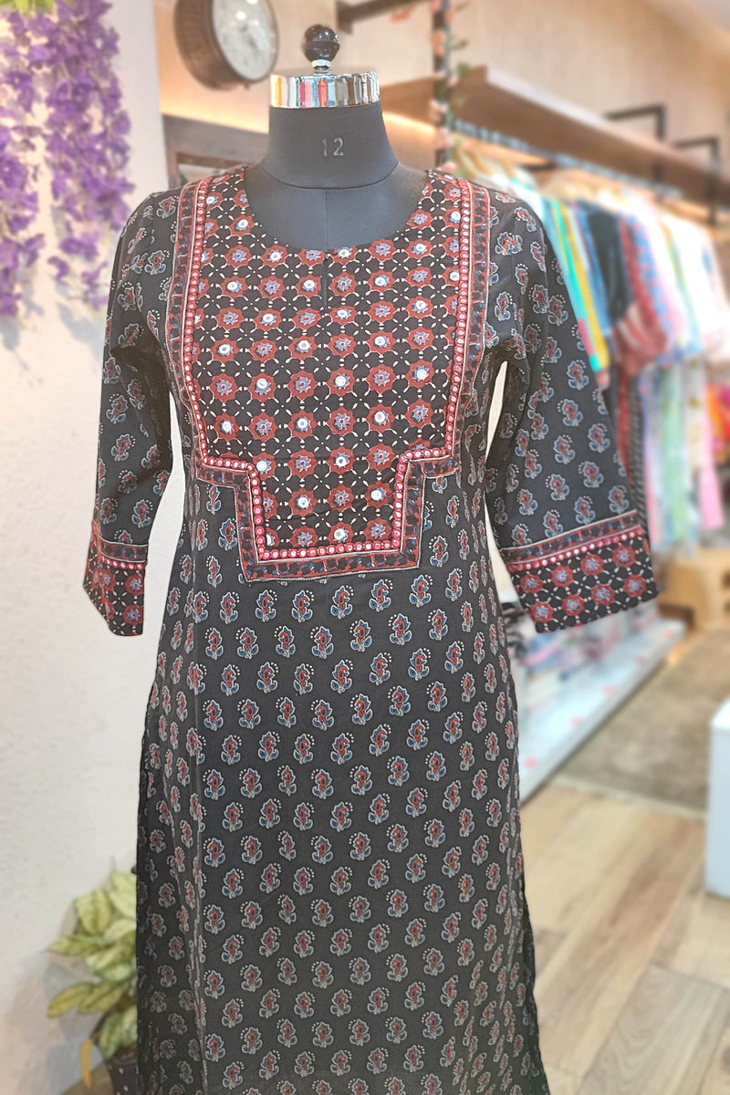 Handloom Cotton Kalamkari Block Print Panel Design Black Kurta for Women