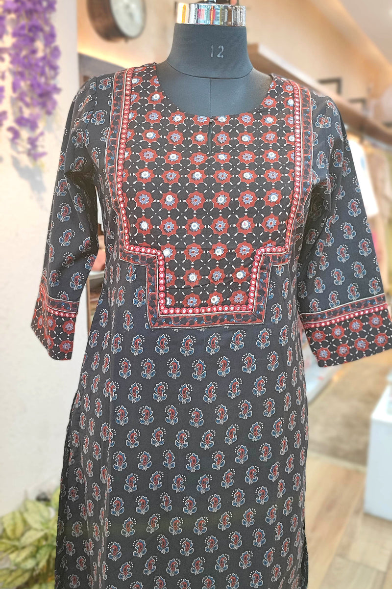 Handloom Cotton Kalamkari Block Print Panel Design Black Kurta for Women