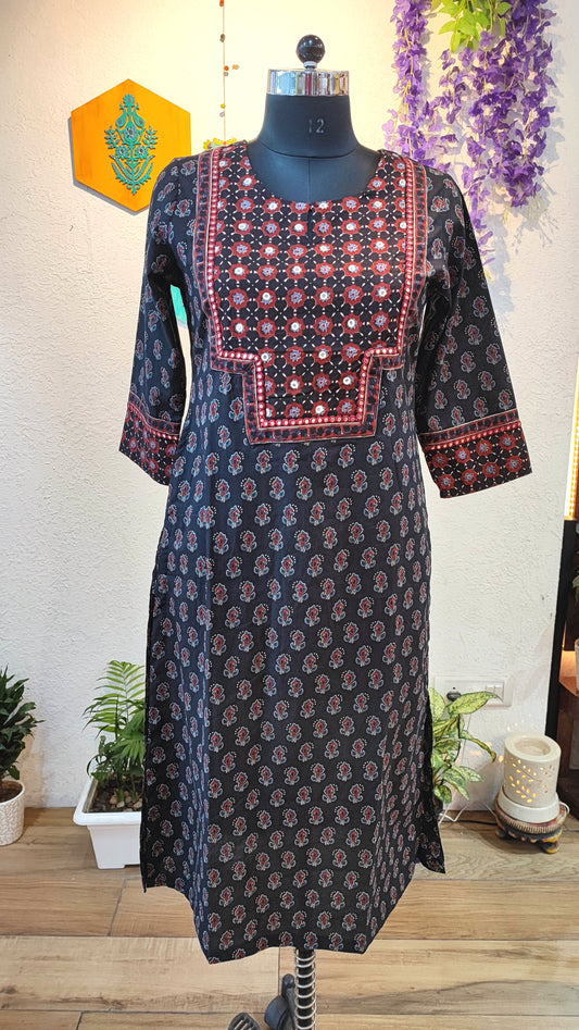 Handloom Cotton Kalamkari Block Print Panel Design Black Kurta for Women