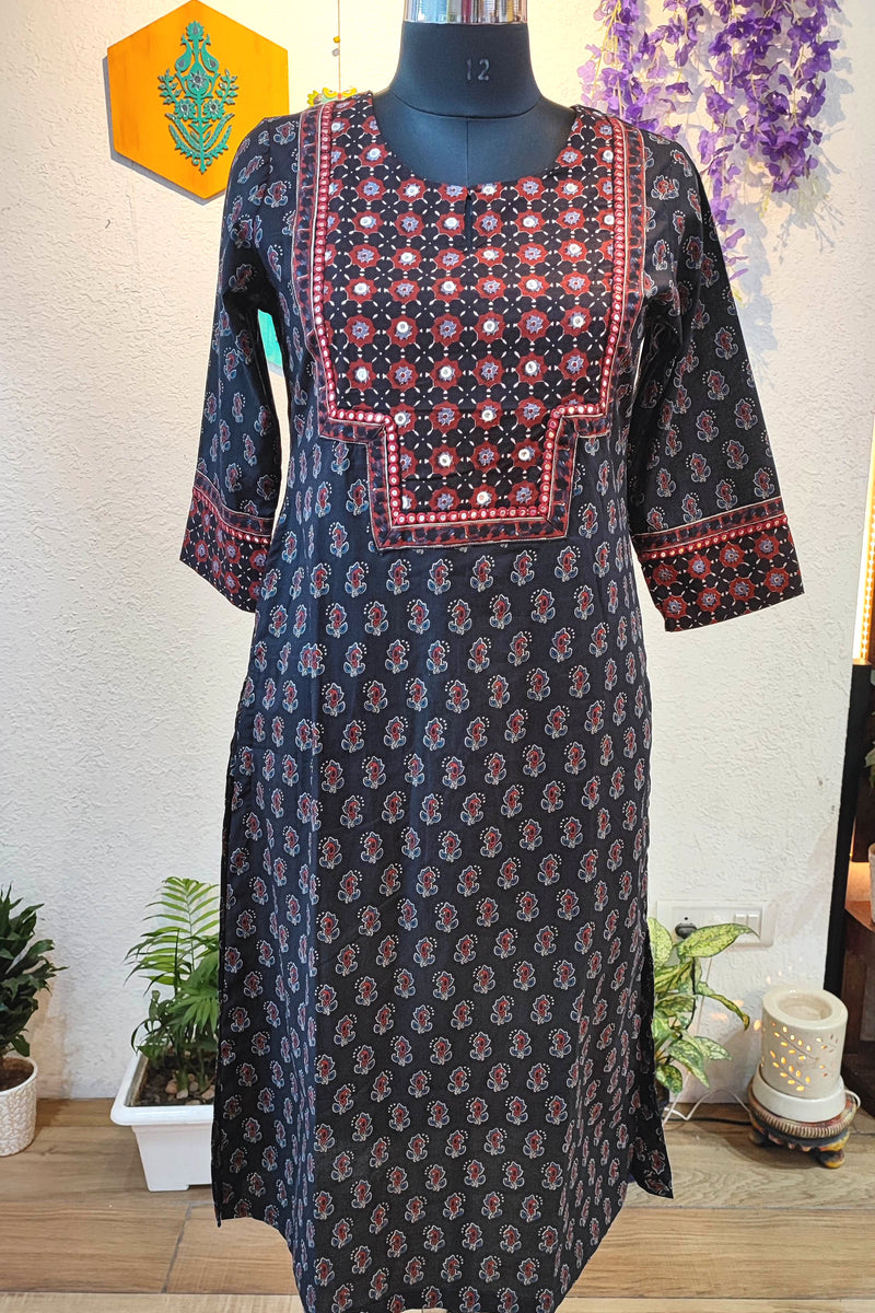 Handloom Cotton Kalamkari Block Print Panel Design Black Kurta for Women