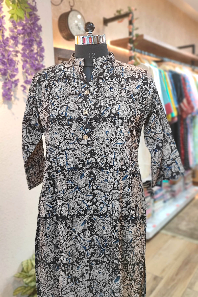 Handloom Cotton Kalamkari Block Print Navy Band Collar Kurta for Women