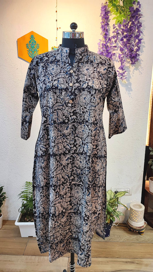 Handloom Cotton Kalamkari Block Print Navy Band Collar Kurta for Women