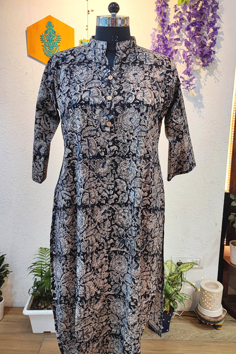 Handloom Cotton Kalamkari Block Print Navy Band Collar Kurta for Women