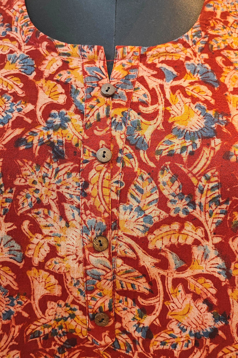 Handloom Cotton Kalamkari Block Print Deep Red Blue Accent Kurta for Women