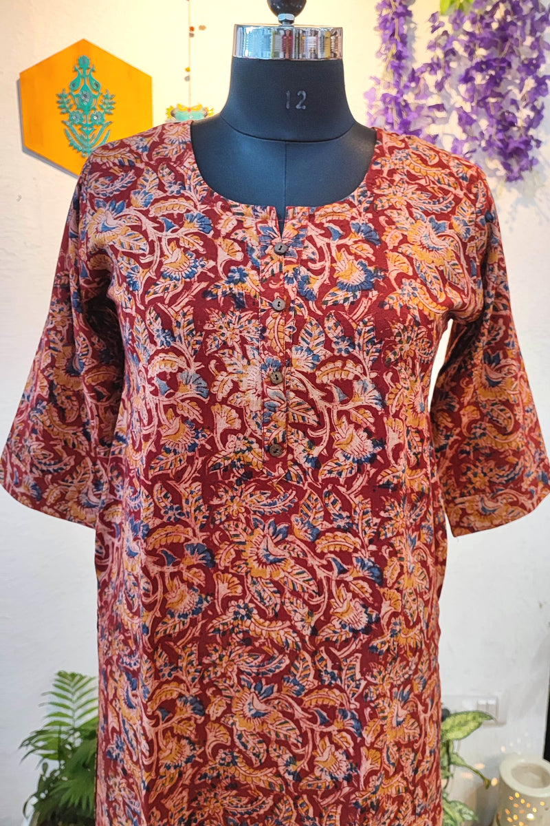 Handloom Cotton Kalamkari Block Print Deep Red Blue Accent Kurta for Women