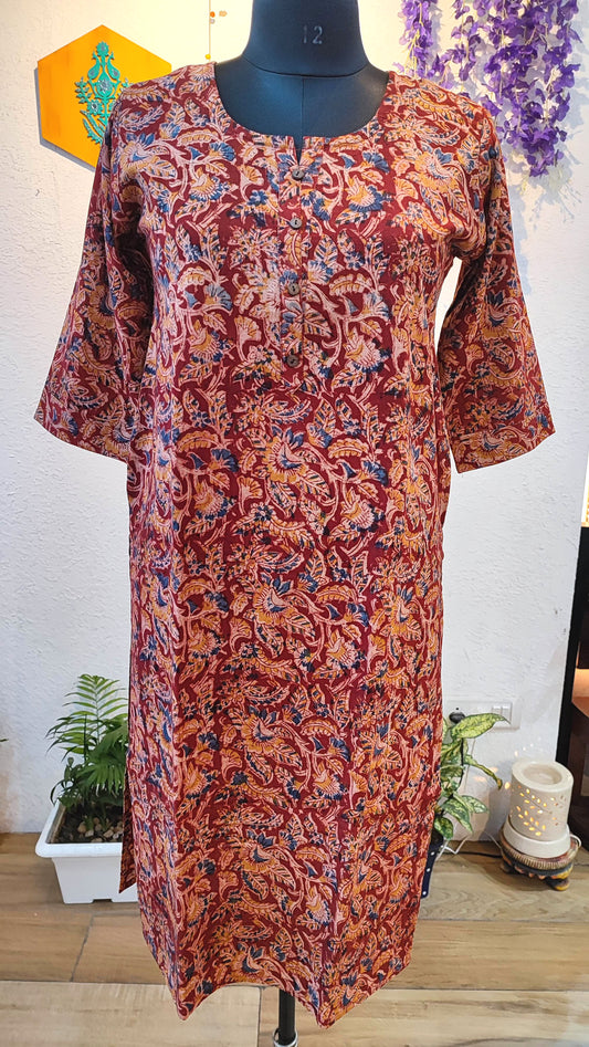 Handloom Cotton Kalamkari Block Print Deep Red Blue Accent Kurta for Women