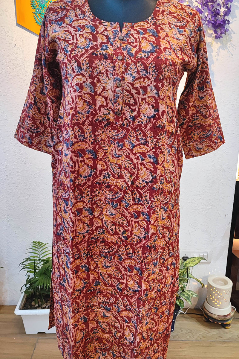 Handloom Cotton Kalamkari Block Print Deep Red Blue Accent Kurta for Women