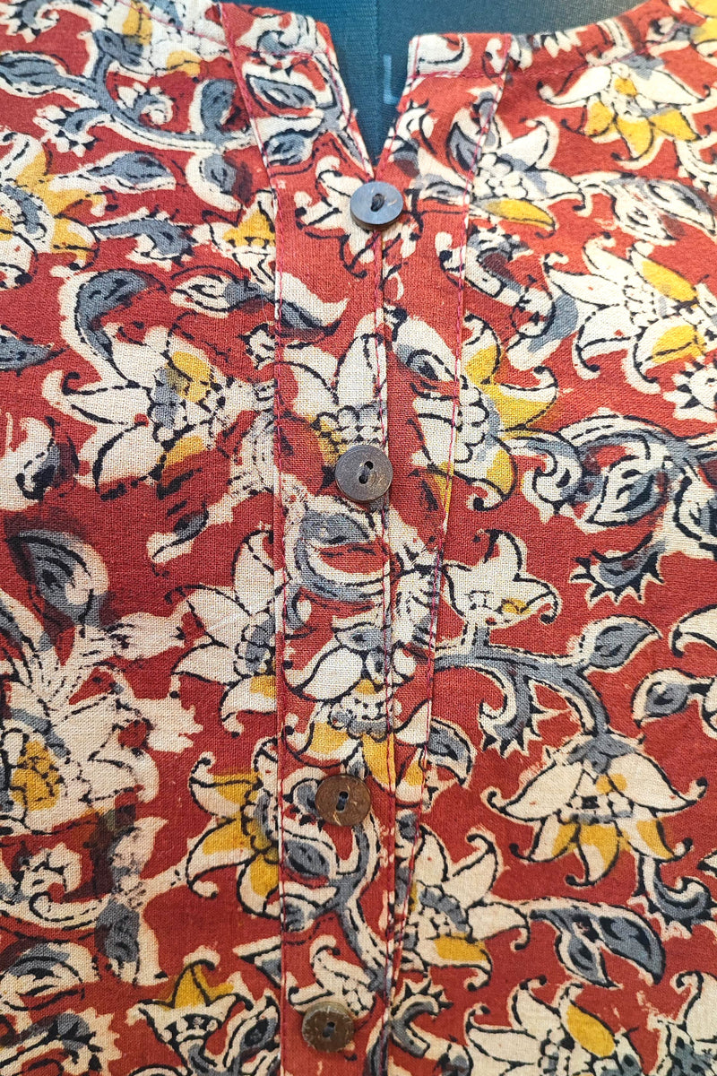 Handloom Cotton Kalamkari Block Print Warm Red Floral Kurta for Women