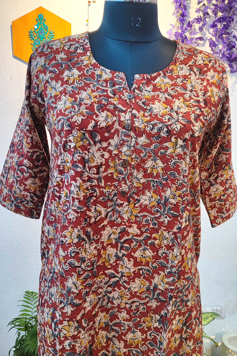 Handloom Cotton Kalamkari Block Print Warm Red Floral Kurta for Women