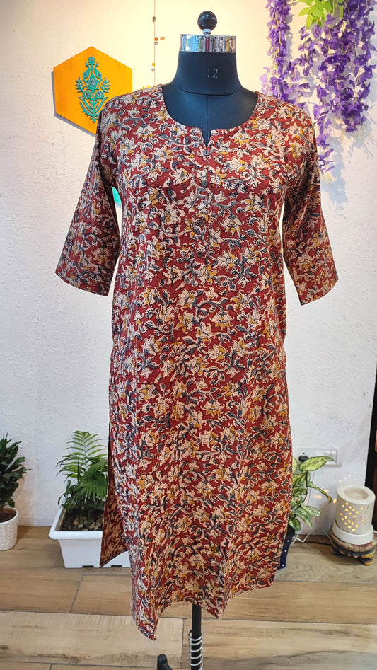 Handloom Cotton Kalamkari Block Print Warm Red Floral Kurta for Women
