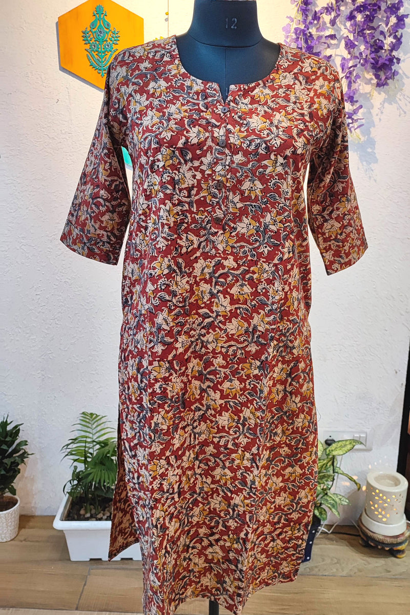 Handloom Cotton Kalamkari Block Print Warm Red Floral Kurta for Women