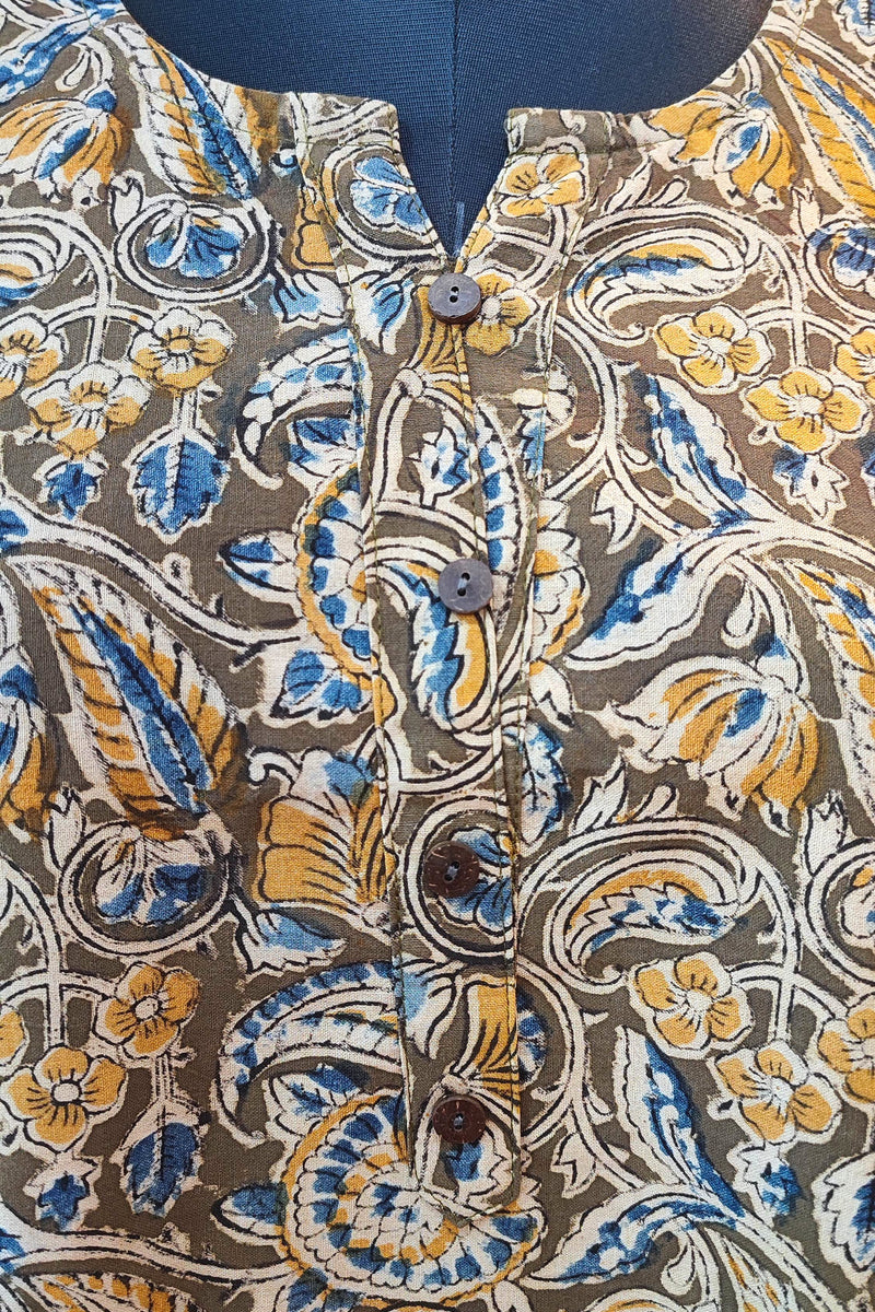 Handloom Cotton Kalamkari Block Print Olive Brown Kurta for Women