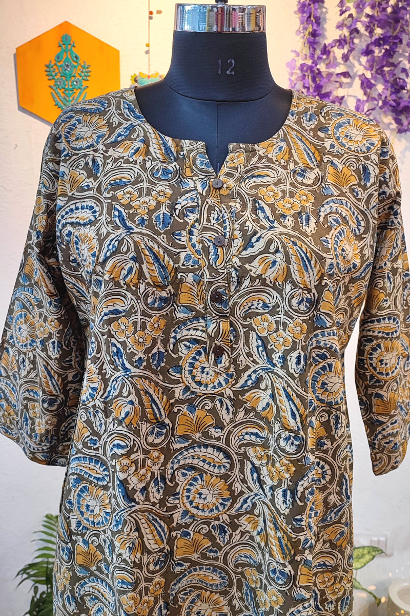 Handloom Cotton Kalamkari Block Print Olive Brown Kurta for Women