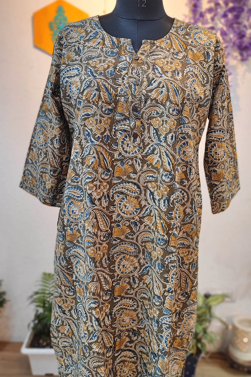 Handloom Cotton Kalamkari Block Print Olive Brown Kurta for Women