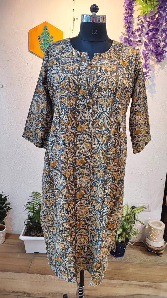 Handloom Cotton Kalamkari Block Print Olive Brown Kurta for Women