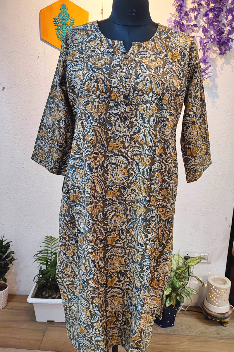 Handloom Cotton Kalamkari Block Print Olive Brown Kurta for Women