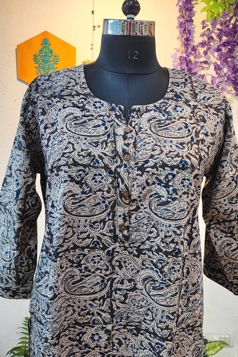 Handloom Cotton Kalamkari Block Print Grey Paisley Kurta for Women