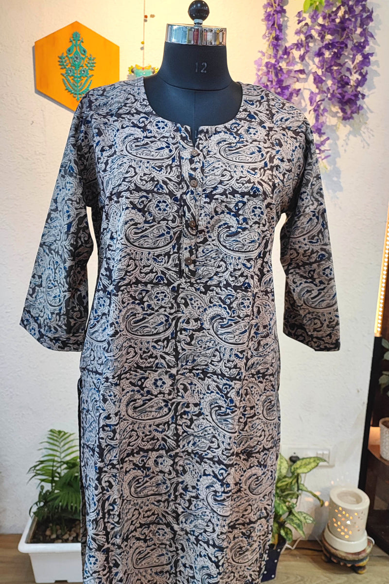 Handloom Cotton Kalamkari Block Print Grey Paisley Kurta for Women