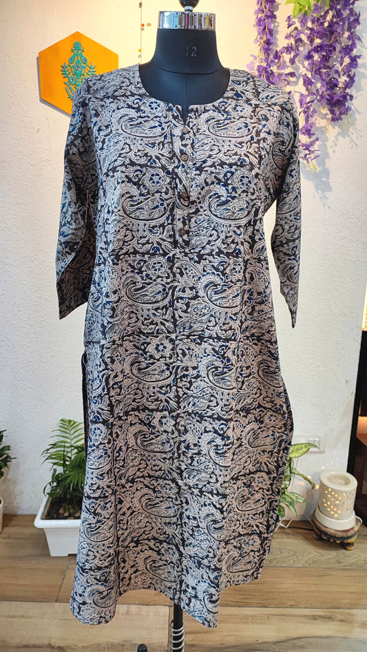 Handloom Cotton Kalamkari Block Print Grey Paisley Kurta for Women