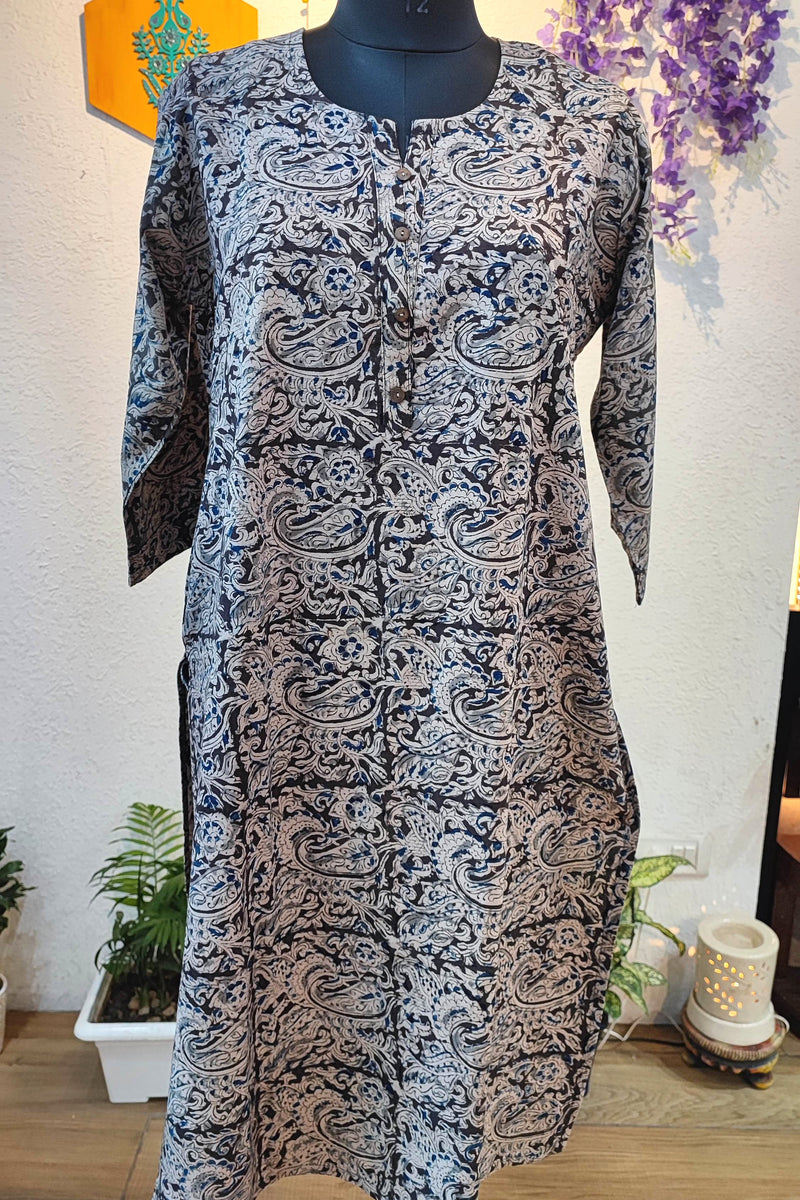 Handloom Cotton Kalamkari Block Print Grey Paisley Kurta for Women