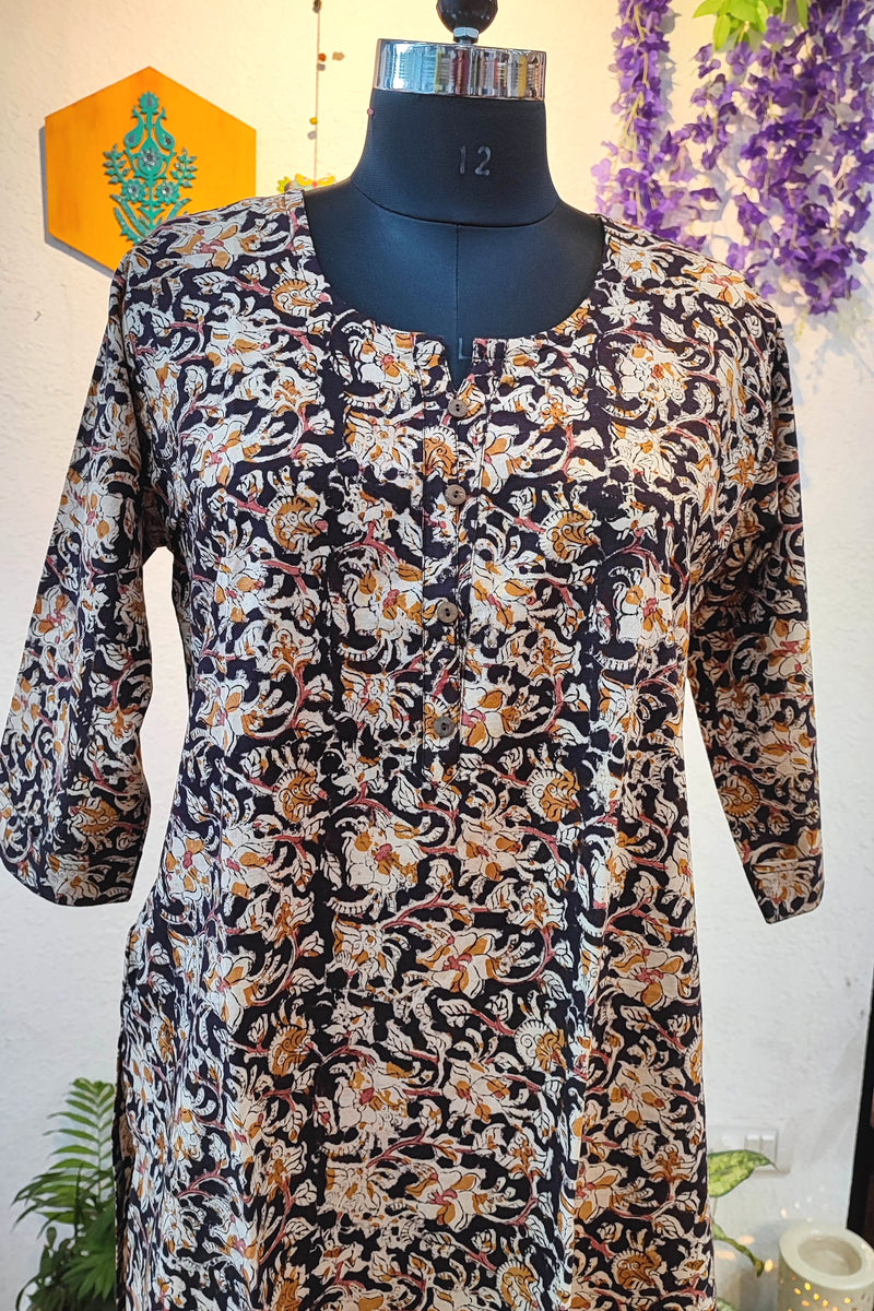 Handloom Cotton Kalamkari Printed Navy Straight Kurta for Women
