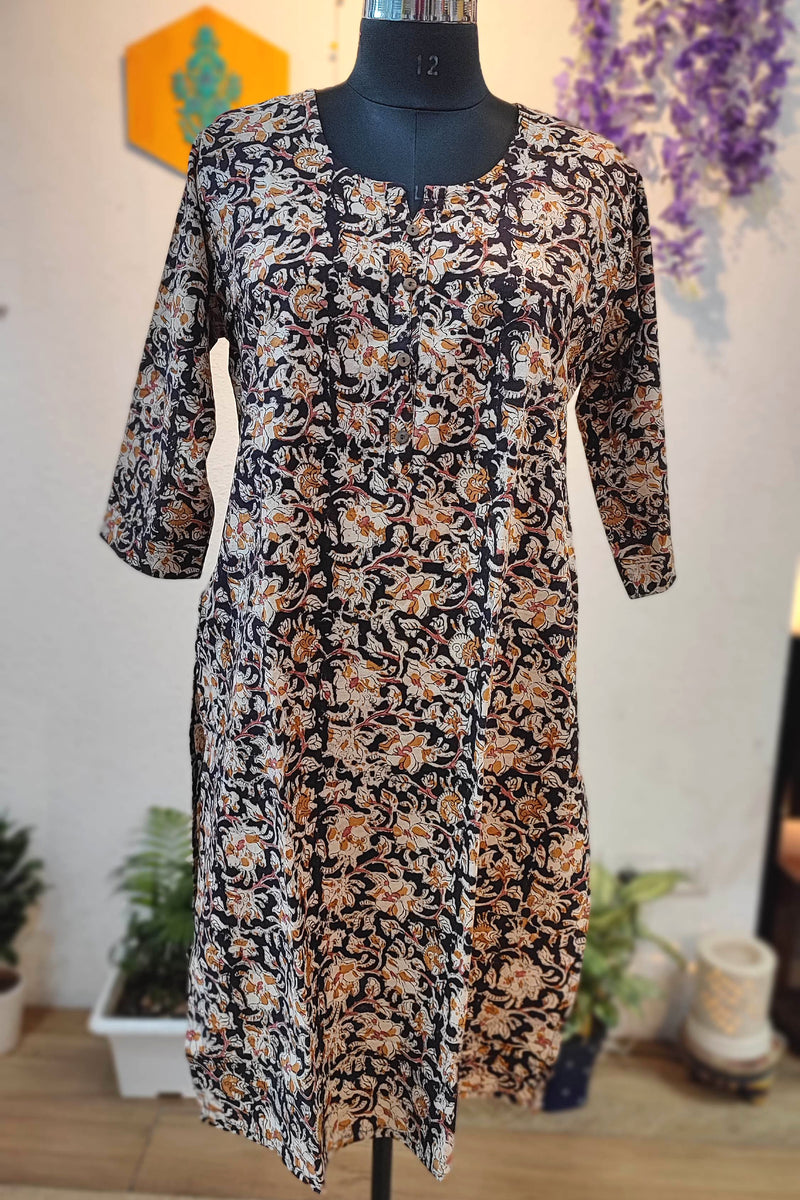 Handloom Cotton Kalamkari Printed Navy Straight Kurta for Women