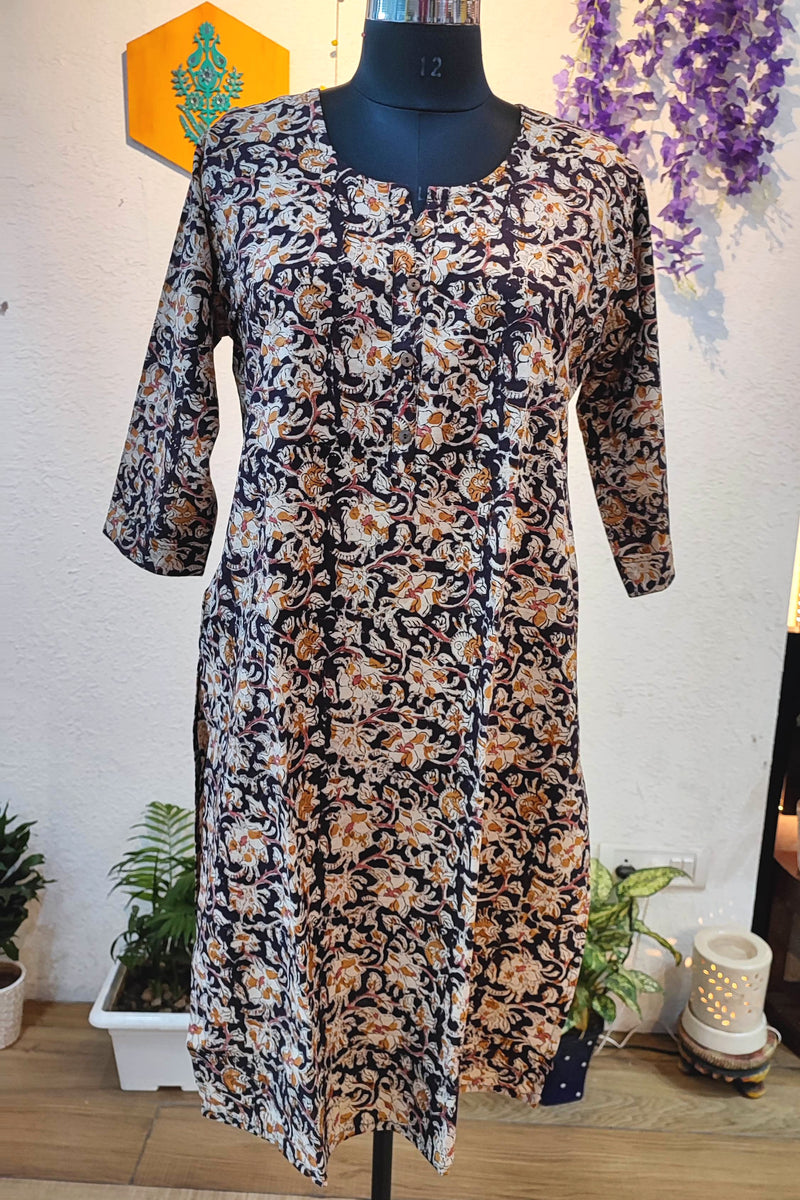 Handloom Cotton Kalamkari Printed Navy Straight Kurta for Women