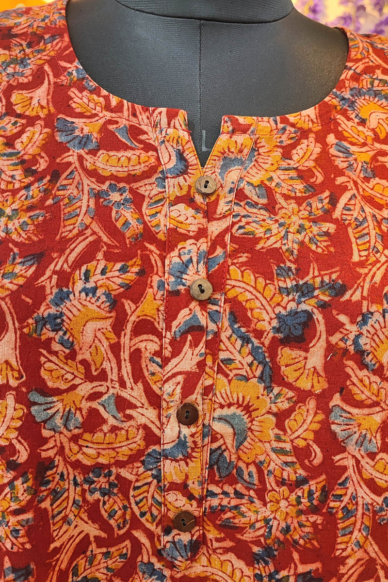 Handloom Cotton Kalamkari Printed Rust Red Kurta for Women