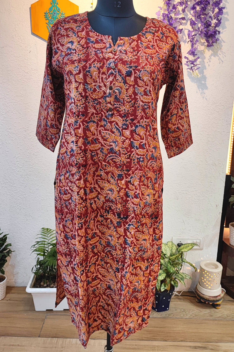 Handloom Cotton Kalamkari Printed Rust Red Kurta for Women