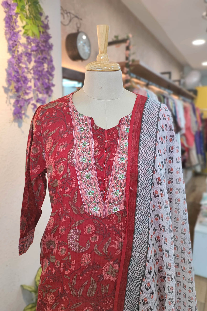 Red Kota Suit Set with Embroidered Neckline, Cotton Bottom and Printed Dupatta