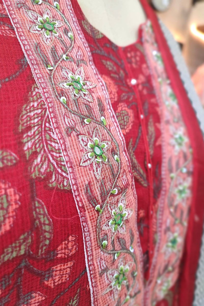 Red Kota Suit Set with Embroidered Neckline, Cotton Bottom and Printed Dupatta