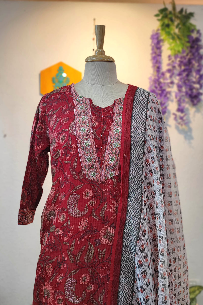 Red Kota Suit Set with Embroidered Neckline, Cotton Bottom and Printed Dupatta