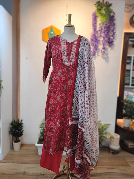 Red Kota Suit Set with Embroidered Neckline, Cotton Bottom and Printed Dupatta