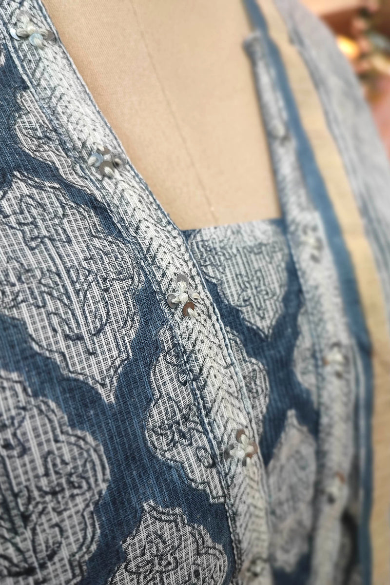 Blue Printed Kota Suit Set with Embroidered Detailing, Cotton Bottom and Dupatta