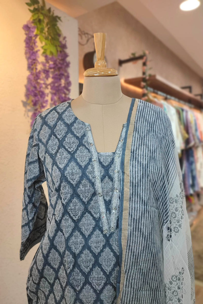 Blue Printed Kota Suit Set with Embroidered Detailing, Cotton Bottom and Dupatta