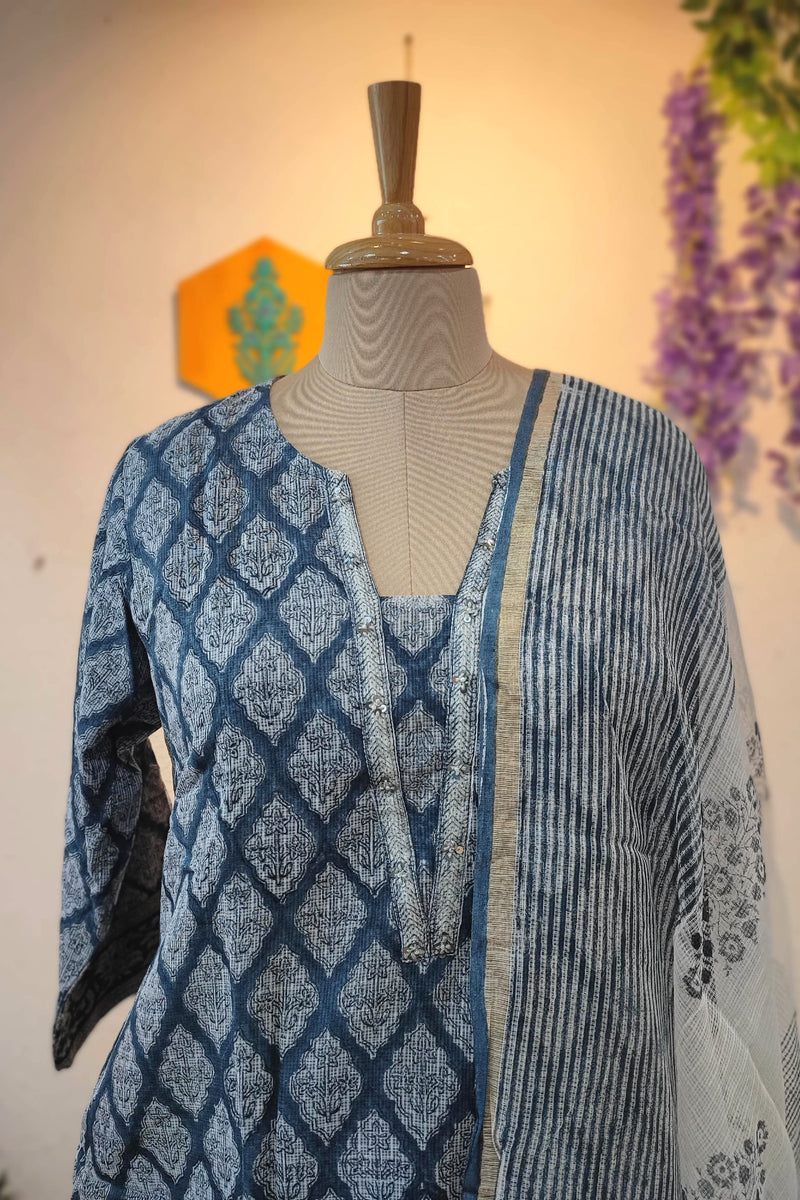 Blue Printed Kota Suit Set with Embroidered Detailing, Cotton Bottom and Dupatta