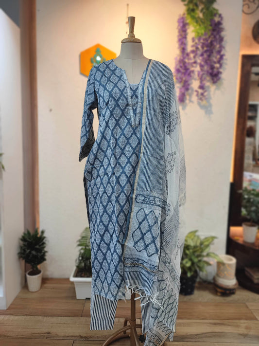Blue Printed Kota Suit Set with Embroidered Detailing, Cotton Bottom and Dupatta