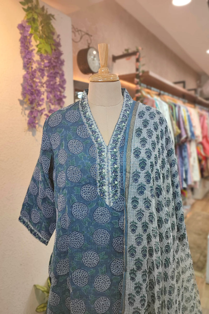 Indigo Blue Kota Suit Set with Embroidered Neckline, Cotton Bottom and Printed Dupatta