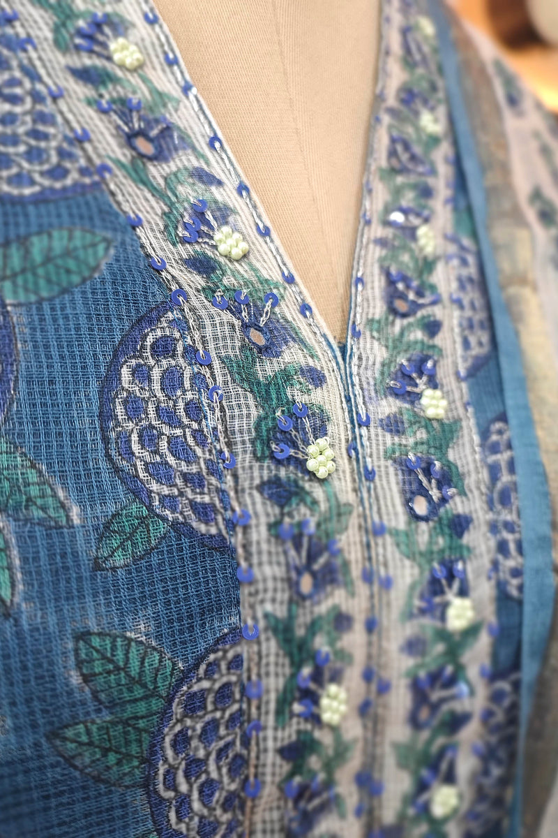 Indigo Blue Kota Suit Set with Embroidered Neckline, Cotton Bottom and Printed Dupatta