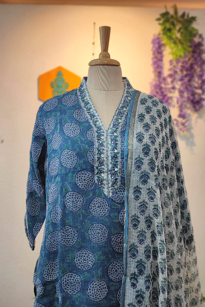 Indigo Blue Kota Suit Set with Embroidered Neckline, Cotton Bottom and Printed Dupatta