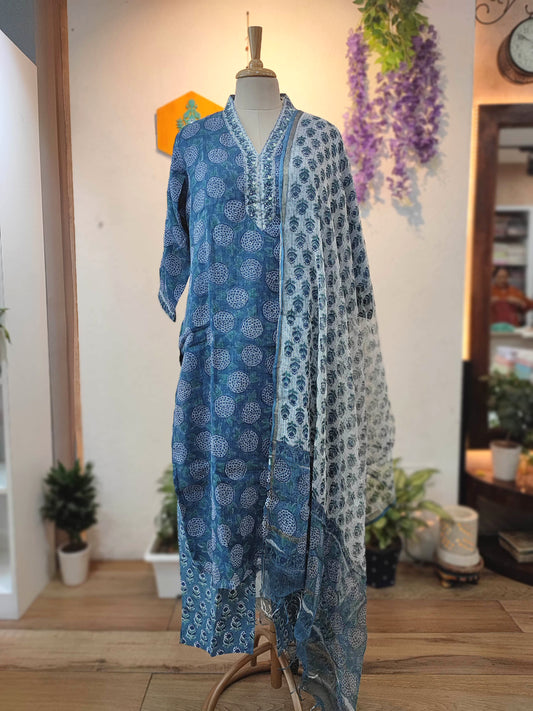 Indigo Blue Kota Suit Set with Embroidered Neckline, Cotton Bottom and Printed Dupatta