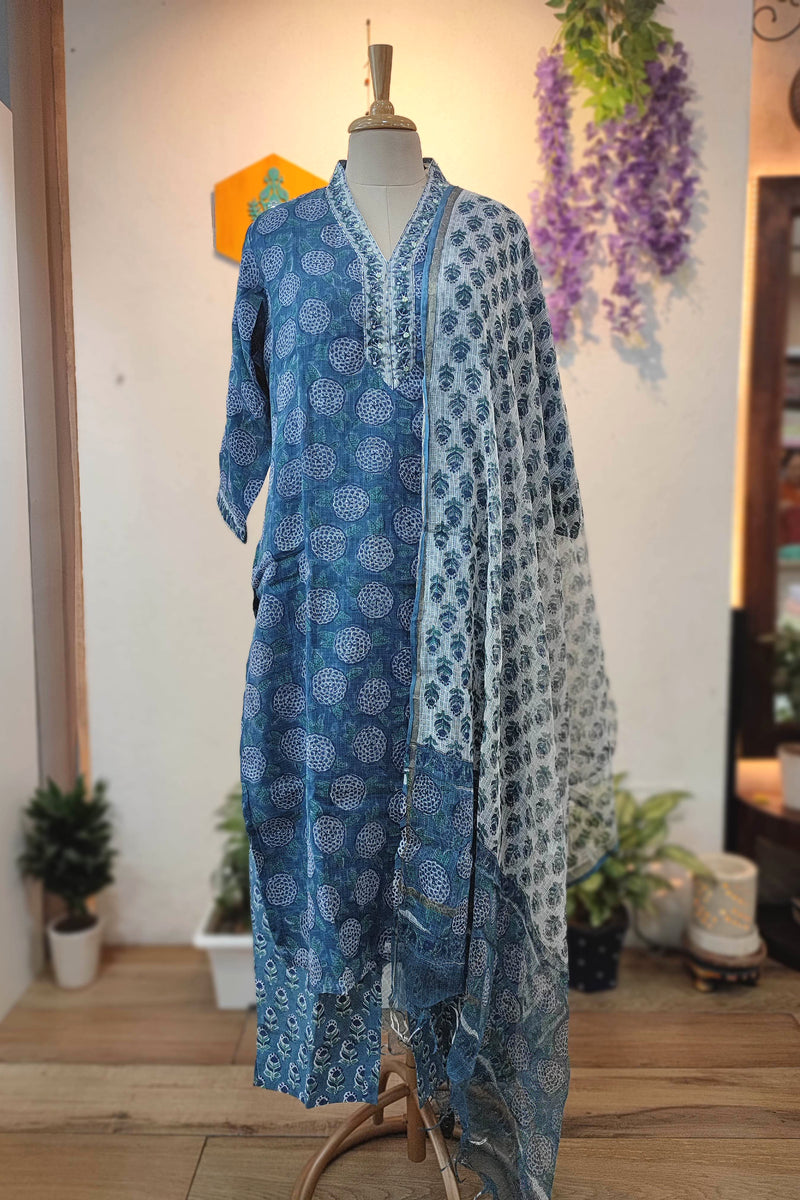 Indigo Blue Kota Suit Set with Embroidered Neckline, Cotton Bottom and Printed Dupatta