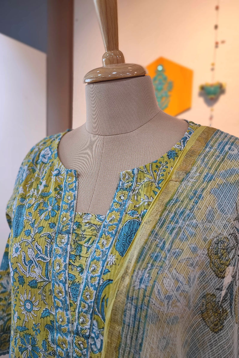 Women’s Cotton Printed Suit Set with Kota Dupatta – Floral Kurta with Pant