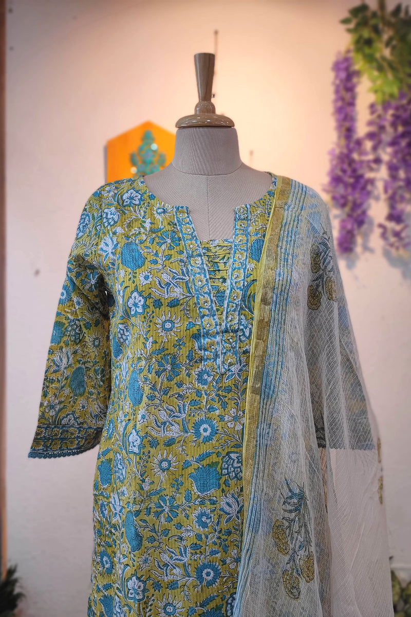 Women’s Cotton Printed Suit Set with Kota Dupatta – Floral Kurta with Pant